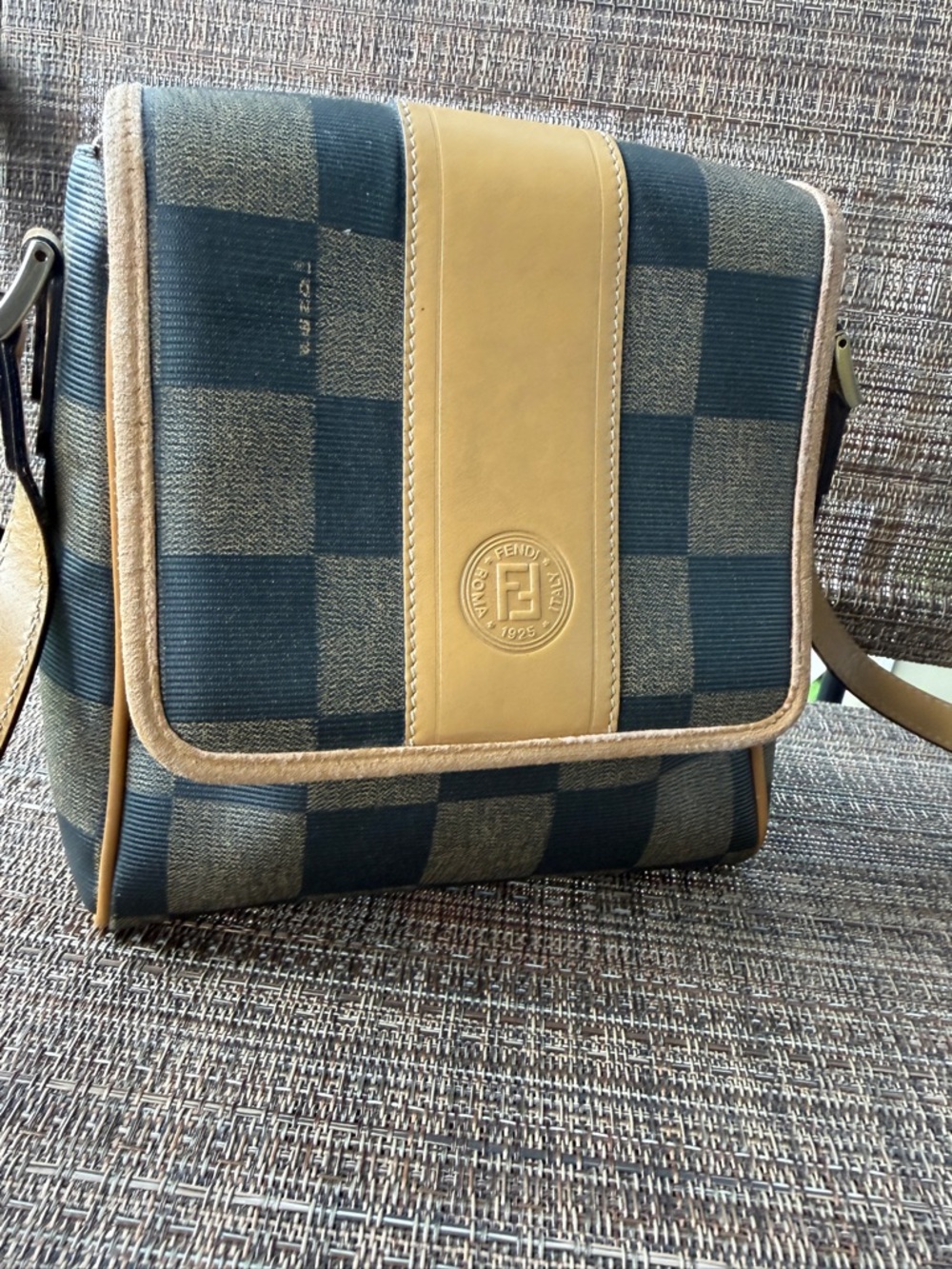 Vintage FENDI Pequin Checkered Crossbody Messenger Bag, Coated Canvas/ Leather